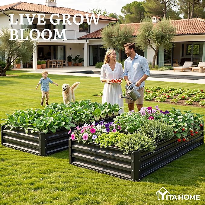 YITAHOME 72x36x12 in 2pcs Galvanized Raised Garden Bed Kit, Large Metal Planter Box with Gloves & Support Rod, Outdoor Flower Bed for Plants Vegetables, Black