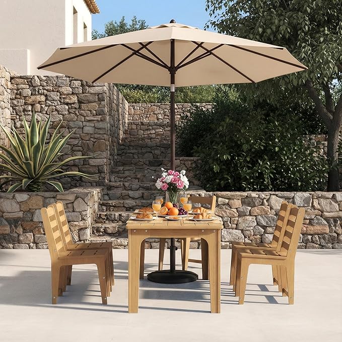 HDPE Patio Dining Set for 6, Weather-Resistant Outdoor Table with Umbrella Hole, Never Sagging One-Piece Tabletop with Metal Support Bars for Poolside Backyard Garden (Teak Color)