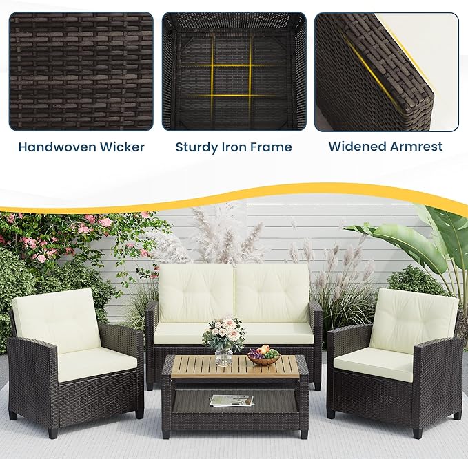 Wisteria Lane 4 Piece Patio Furniture Set, Wicker Outdoor Patio Conversation Furniture Set, All Weather Outdoor Patio Sofa with Cushion and Wood Table, Beige Wood