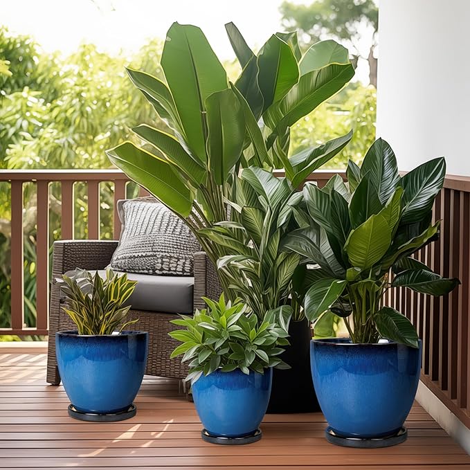 Ceramic Planters for Indoor Plants - 6.3 Inch Plant Pot with Drainage Hole and Saucer Round Modern Planter Home Garden Patio Decor Blue