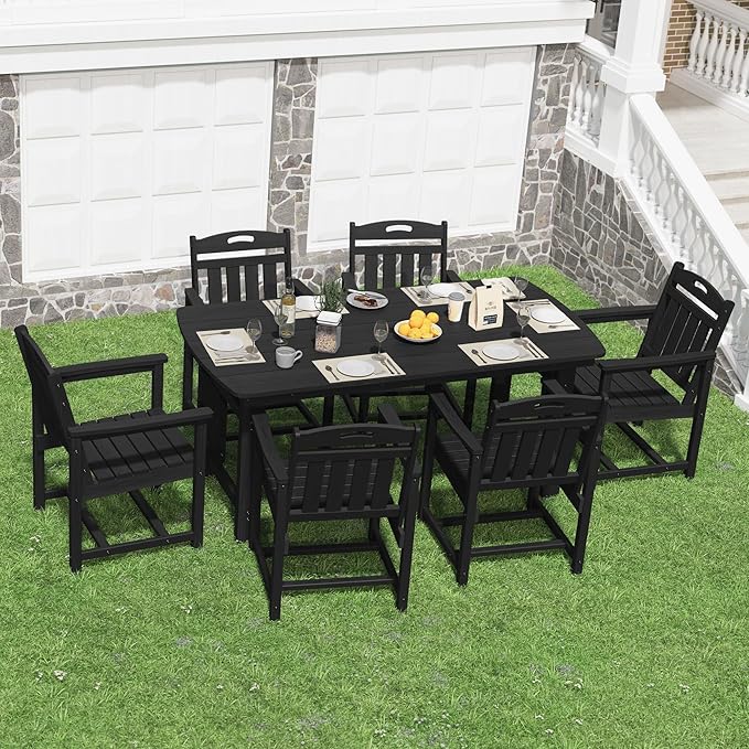 HDPE Outdoor Dining Set, Patio Table and Chairs Set, All-Weather 7-Piece Outside Table and 6 Chairs, 2" Umbrella Hole, Outdoor Furniture for Garden, Poolside, Backyard, Deck | Black