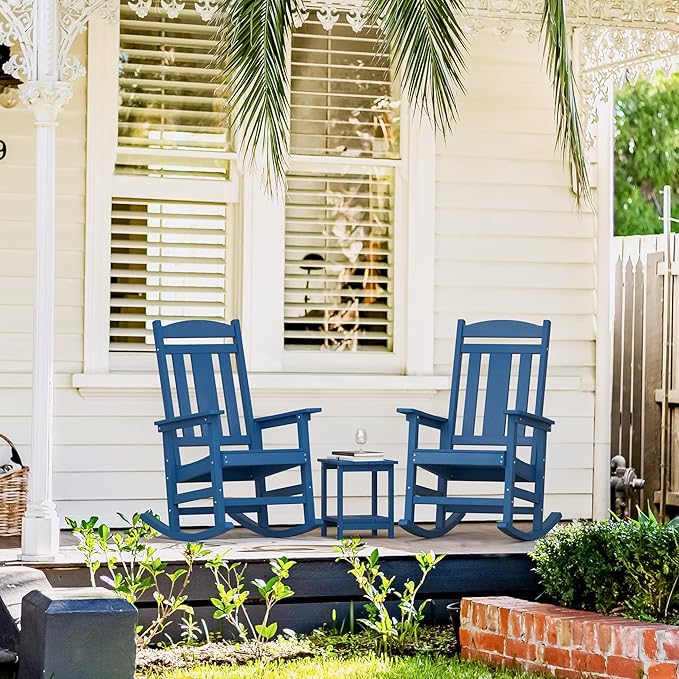 LUE BONA Outdoor Rocking Chairs Set of 4, Weather Resistant HDPS Poly Rocker Chairs, 350lb Heavy Duty, Oversized Porch Rocker for Adult, High Back Smooth Rocking for Outdoor & Indoor, Blue