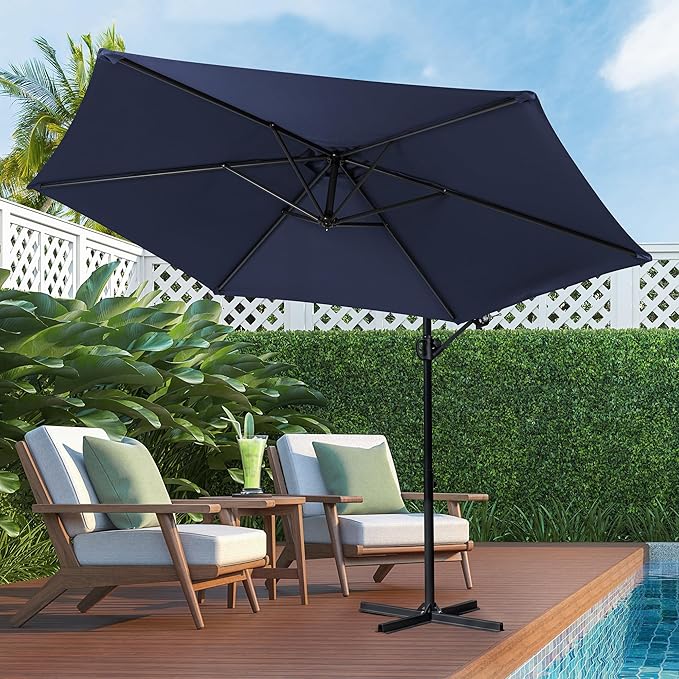 Shintenchi Patio Offset Umbrella with Easy Tilt Adjustment,Crank and Cross Base, Outdoor Cantilever Hanging Umbrella, Sunshade Free Standing Canopy, Navy Blue