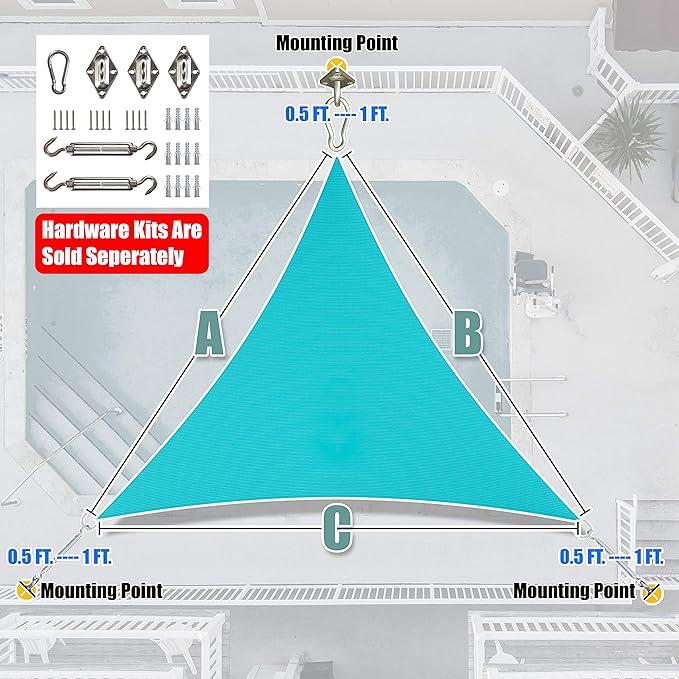 Amgo Custom Size 18' x 18' x 18' Turquoise Triangle Sun Shade Sail UPF50+ AGTAPRT12, Order to Make Canopy Awning, 95% UV Blockage, Water & Air Permeable, Commercial Standard (We Customize)