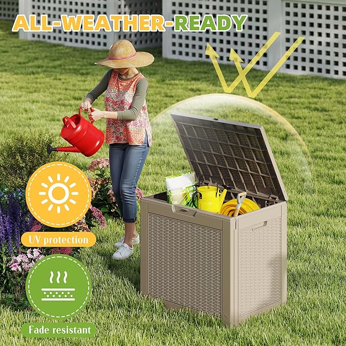 31 Gallon Outdoor Storage Box Weather Resistant UV Protection Waterproof Resin Deck Box for Garden, Patio, Porch, Delivery(Rattan Beige)