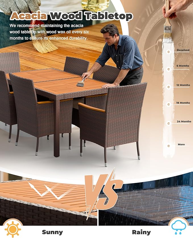 Flamaker 7 Piece Patio Dining Set Outdoor Acacia Wood Table and Chairs with Soft Cushions Wicker Patio Furniture for Deck, Backyard, Garden (Brown)