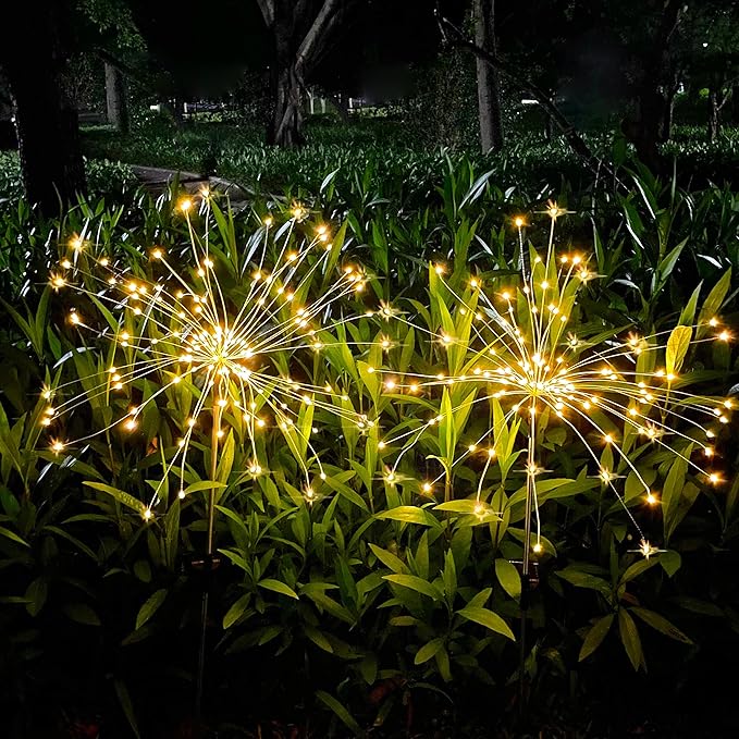 JJGoo Solar Firework Lights, 2 Pack 150 LEDs 2 Lighting Modes Solar Lights Outdoor Waterproof for Garden Patio Walkway Pathway Party Wedding Christmas Decorative - Warm White