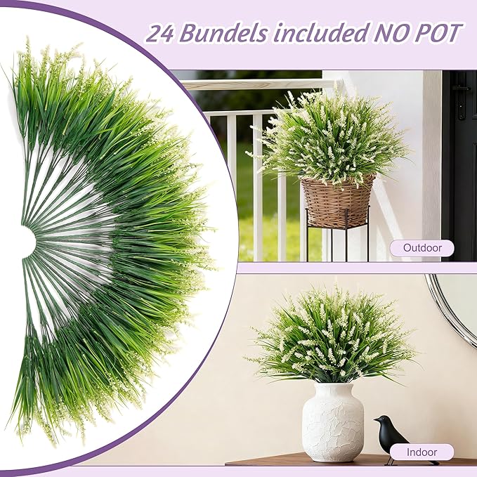 24 Pcs Artificial Faux Plants for Outdoor Spring Decoration, Fake Monkey Grass for Garden Porch Balcony Planters, Fake Greenery Shrubs UV Resistant No Fade Plants Bush for Pathway(White)