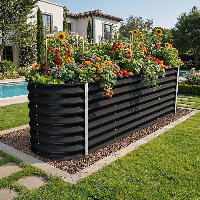 YITAHOME 24" Tall 9 in 1 Large Raised Garden Bed Kit, 8x2x2ft Galvanized Metal Planter Box with Gloves and Safety Rubber, Outdoor Above Ground Planters for Plants Vegetables Flowers, Black