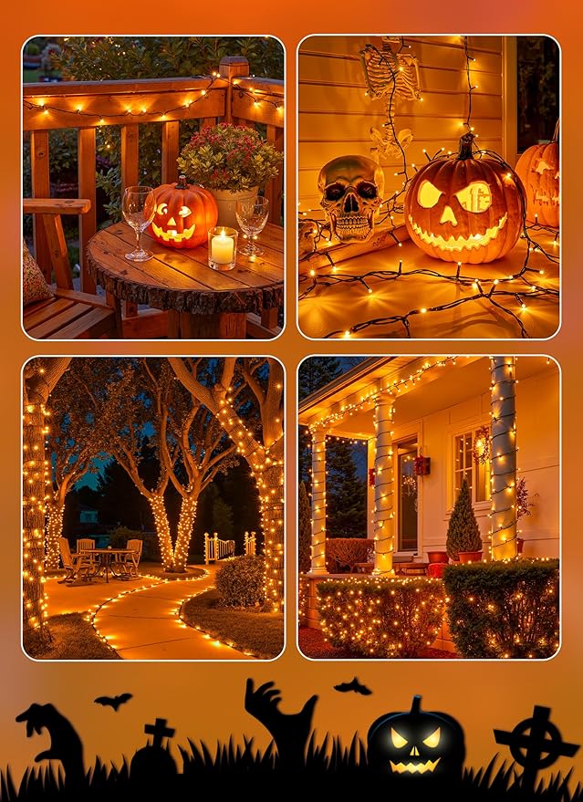 Brightown 4 Pack Solar Halloween Lights, Total 184FT 480 LED Solar String Lights Outdoor Waterproof Black Wire with 8 Modes, Solar Fairy Light for Garden Yard Patio Party Decors, Orange