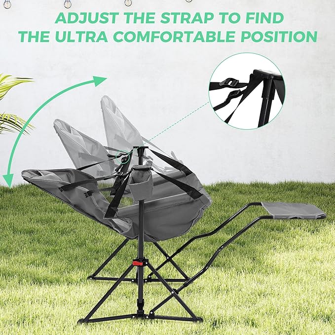Ainfox Hammock Camping Chair with Footrest, Foldable Portable Rocking Chairs for Adults Outside Swinging Camp with Cup Holder Pillow for Outdoor Patio Poolside (Light Grey)