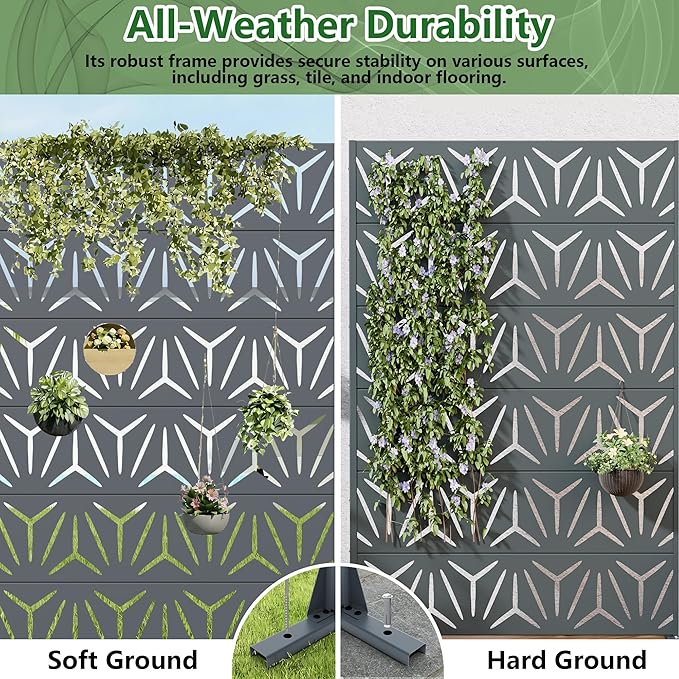 Casaphoria Metal Privacy Screen Outdoor, 72" H x 47" W Freestanding Decorative Privacy Screen for Patio Deck Balcony Garden with Stable Base, Grey-Star