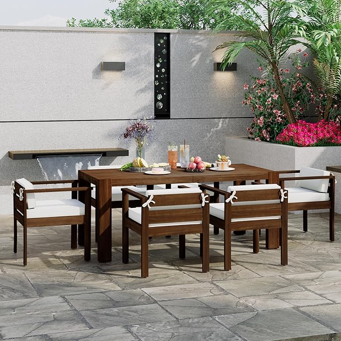 Merax 7-Piece Patio Dining Table Set,Outdoor Furniture Set with 72.8" Rectangle Table & 6 Chairs,Adjustable Leveling Feet,Umbrella Hole for Backyard,Garden,Poolside,Brown+ Beige