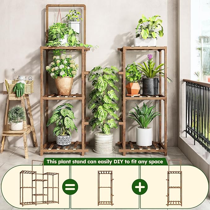 EnHomee Plant Stand Indoor Large Plant Stand Outdoor 5 Tiers Wood Tiered Plants Shelf for Multiple Plants with 10-15 Potted for Living Room Patio Balcony Yard Garden 34.3" W x 11.8" D x 47.2" H
