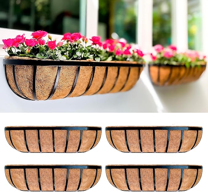 LaLaGreen Fence Planters for Outdoor Plants (24 Inch, 4 Pack) Black Metal Window Boxes Planter To Attach To House, Wall Mounted Flower Coco Baskets Outside Deck Railing Balcony Garden Porch Patio Rail