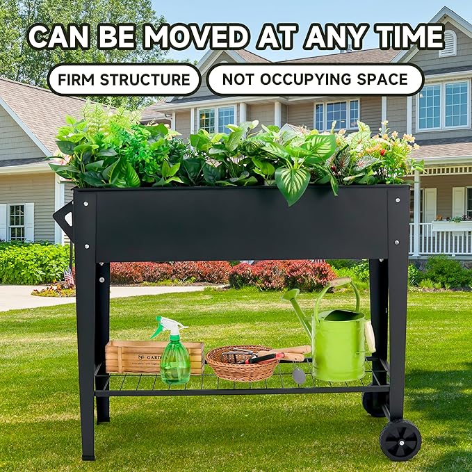 Raised Garden Bed with Legs and Wheels Removable for Outdoor, 31.6 * 14.6'' Metal Planter Raised Box for Growing Vegetables Herb Flower in Patio(Black)