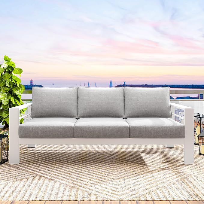Solaste Outdoor Couch Aluminum Patio Furniture Sofa, 3-Seat All-Weather Metal Outdoor Patio Furniture with Cushions,Light Grey