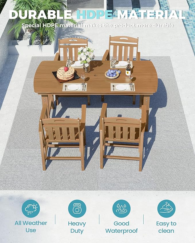 Ciokea HDPE Outdoor Dining Set, 5-Piece Patio Table and Chairs Set with Umbrella Hole, All-Weather Patio Dining Sets for 4, Durable Patio Furniture for Backyard, Garden, Lawn & Poolside, Teak