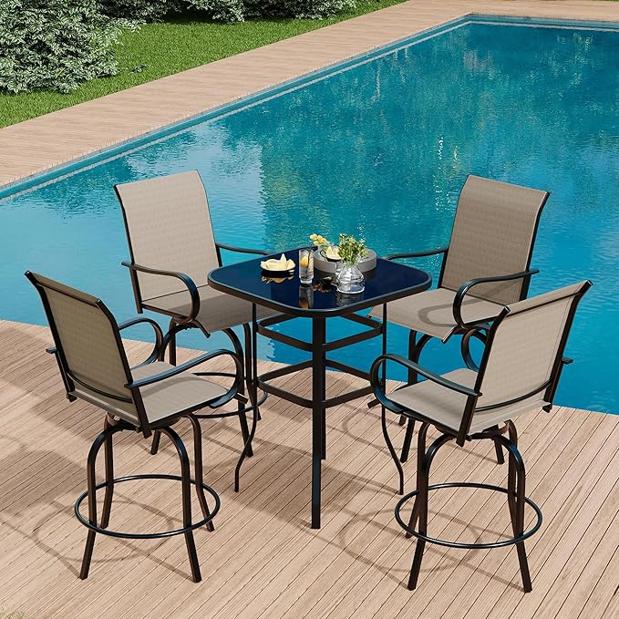 5 PCS Outdoor Bar Set with Outdoor Bistro Table and Chairs Set of 4, Bar Height Outdoor Dining Set, All Weather Mental Textilene High Swivel Bar Stools Chair Set of 4 and High Glass Bar Table