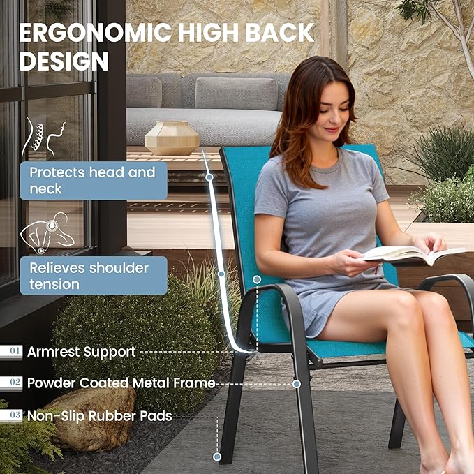 Patio Dining Chairs Set of 4, Stackable Dining Chairs High Back, Breathable Seat Fabric and Alloy Steel Frame Fit Backyard, Porch, Lawn，Poolside (Sky Blue)