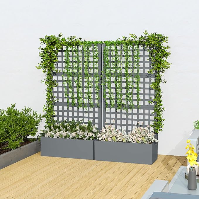 Outsunny Galvanized Raised Garden Bed with Trellis, Metal Planter Box with Drainage Holes, Outdoor Privacy Screen for Climbing Plants, Vegetable, Vines, 35" x 16" x 70", 2 Pack, Gray Wood Effect
