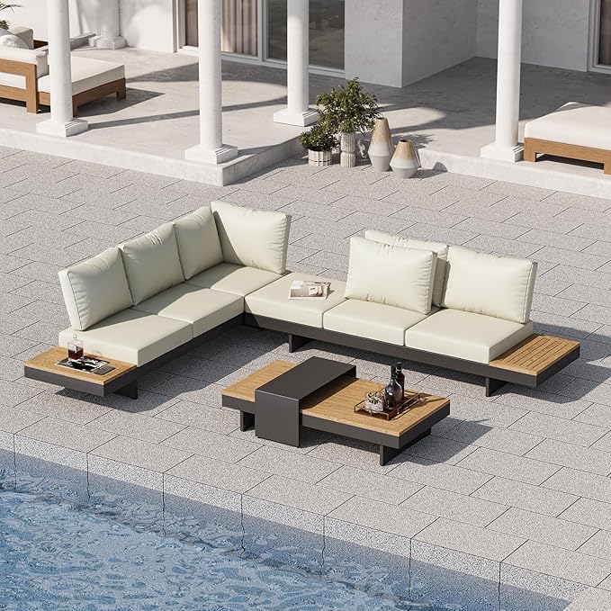 homary 6 Piece Aluminum & Teak Outdoor Sofa Set, Patio Sofa Seat L-Shaped Outdoor Sectional Sofa Set with Adjustable Backrests, Waterproof, Fade Resistant Cushions Ideal for Patios & Balconies,Beige