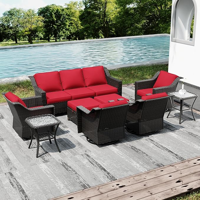 Joyside Wicker Patio Furniture Sets, 9 Pieces Upgraded Large Size Outdoor Furniture with 4 Swivel Rocking Patio Chairs, 3-Seat Sofa, Outdoor Ottoman, Thick Cushions, Wide Armrest, Red