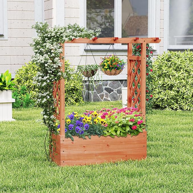 Giantex Set of 2 Raised Garden Bed with 2-Sided Trellis & Hanging Roof, Fir Wood Planter Box w/Drainage Holes, Freestanding Garden Planter for Flowers Herbs Climbing Vines (43"x15"x45")
