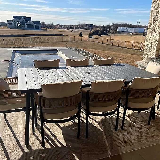 83" Patio Outdoor Dining Table for 6-8, Weather-Resistant Wood-Grain Top with Aluminum Frame & Umbrella Hole for Deck Gatherings, Black
