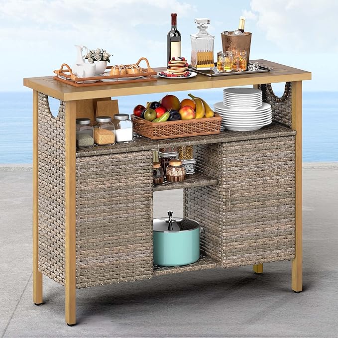 DWVO XL Patio Storage Cabinet, Wicker Outdoor Bar Table with Wood Top,Adjustable Shelves, Patio Sideboard for Outdoor Buffet,Yard, Garden, Kitchen (Brown)