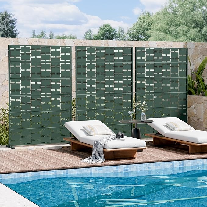 Casaphoria Metal Privacy Screen Outdoor, 72" H x 47" W Freestanding Decorative Privacy Screen for Patio Deck Balcony Garden with Stable Base, Drakgreen-Square