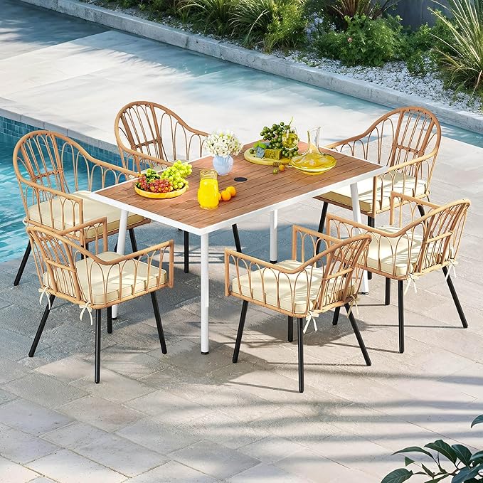 DWVO Patio Table Rectangle 59"x34.2", Patio Dining Table for 6 Weather-Resistant Outdoor Table with Umbrella Hole, Steel Frame, Adjustable Feet for Outdoor/Indoor