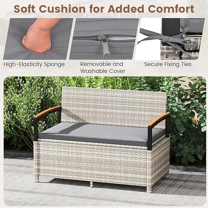 Tangkula 46 Gallon Outdoor Bench with Storage, Outdoor PE Rattan Storage Bench with Cushion, Backrest & Acacia Wood Armrests, Metal Frame, Waterproof Deck Box Seat for Porch Backyard Poolside