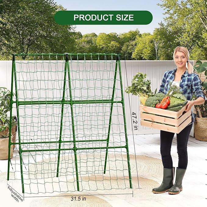 2-Pack A-Frame Cucumber Trellis for Raised Bed - 33"x47" Foldable Garden Trellis with Net & Clips|Space-Saving Metal Plant Support for Cucumber, Tomato, Peas|Rust-Proof Outdoor Climbing Plants Trellis