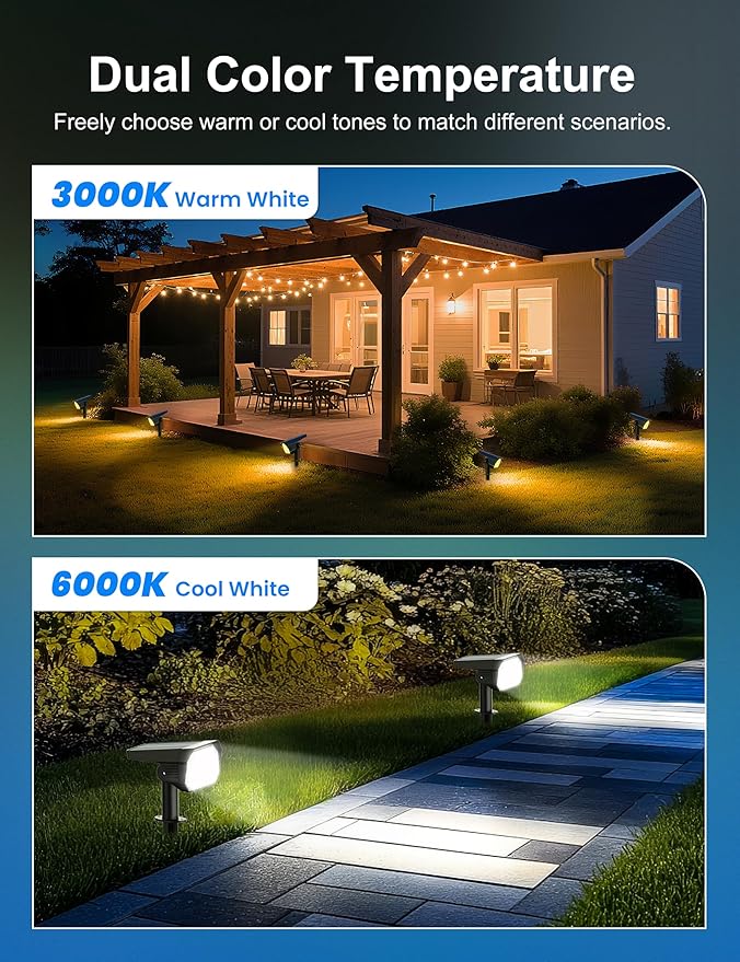 Brightown 4Pack Solar Spot Lights Outdoor [Cool & Warm Light 2-in-1], IP67 Solar Lights Outdoor Waterproof with 1800mAh, Two Mounting Methods Outdoor Solar Lights for Yard, Garden and Pathway