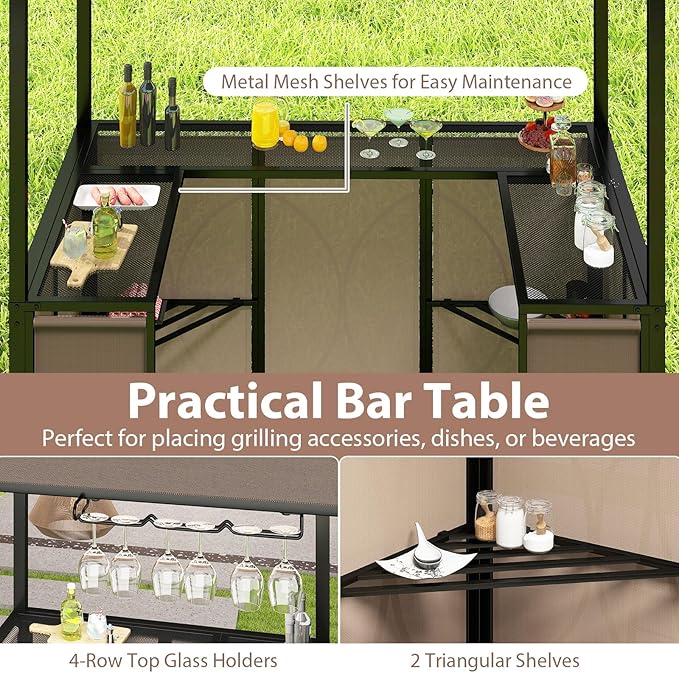 Tangkula 3 Piece Patio Bar Set, Grill Gazebo & 2 Foldable Bar Stools with Awning, Metal Storage Shelves, Glass Holders, Double-Tier Outdoor Shelter for Patio Poolside Garden Backyard (Coffee)