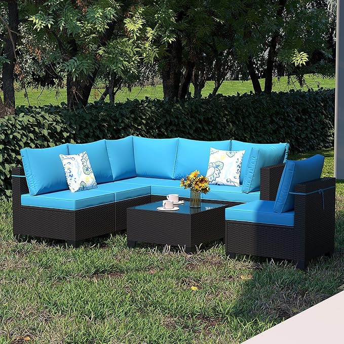 Outdoor Wicker Patio Furniture Set, Rattan Sectional Sofa Set with Thick Cushions (Coffee/Peacock Blue, 7 Piece Sofa Set)