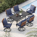 Grand patio 7-Piece Outdoor Dining Set, 6 Leather-Look Wicker Swivel Blue Patio Chairs & 1 Rectangular Dining Table, Black