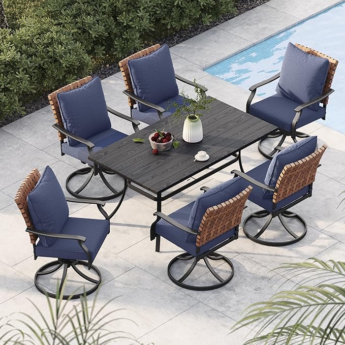 Grand patio 7-Piece Outdoor Dining Set, 6 Leather-Look Wicker Swivel Blue Patio Chairs & 1 Rectangular Dining Table, Black