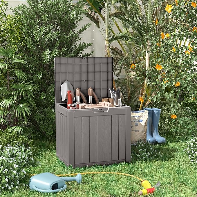 ROJIK Outdoor Storage Housing Deck Box - Waterproof Patio Furniture, Garden Tools, Cushions, Pool Accessories Storage Bench with Lockable Lid and Side Handles (Grey)