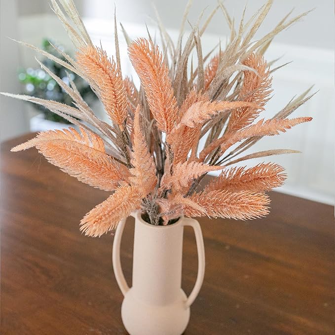 7 PCS Artificial Stems Fake Plants for Spring Summer Decor, 26 in Fake Leaves Greenery Branches Orange Silk Flowers Faux Foliage DIY Stems for Vase Home Kitchen Farmhouse Indoor Table Centerpiece
