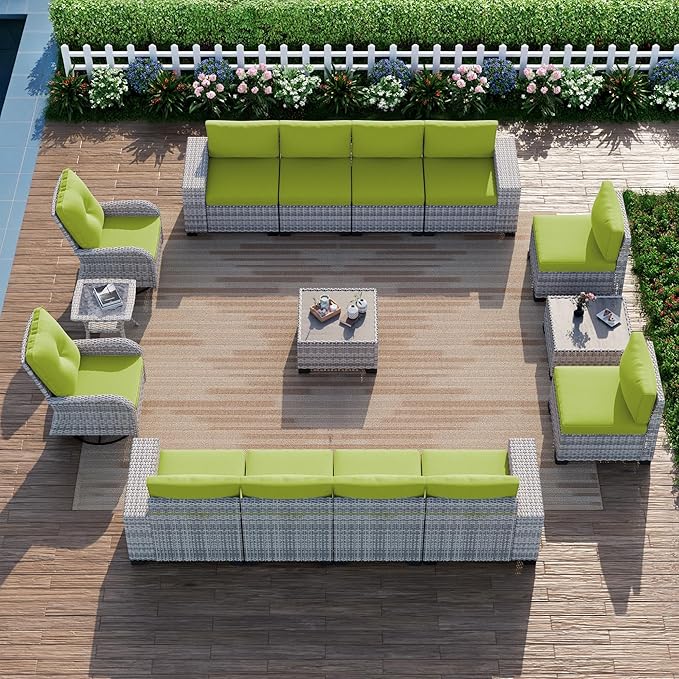15-Piece Outdoor Patio Furniture Set with Rocking Swivel Chair Wicker Sectional Sofa Set, Patio Conversation Set with Thickened Cushions & Coffee Table for Garden, Backyard, Avocado Green