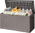 Flamaker Outdoor Storage Box 100 Gallon Waterproof Resin Deck Box Delivery Box with Air Rod Indoor Outdoor Lockable Storage Bench for Patio Cushions, Tools, Pool Accessories (Brown)
