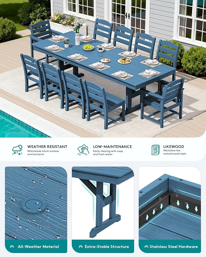 SERWALL 11 Piece Outdoor Dining Set, 84" HDPE Outdoor Table and Chairs for 10，All Weather Patio Furniture Set with Umbrella Hole for Backyard, Garden, Blue