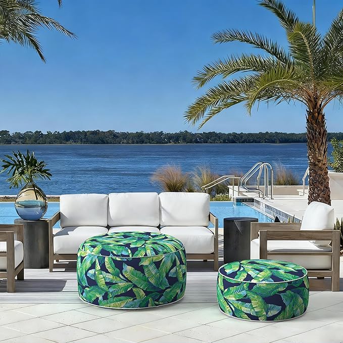 LVTXIII Indoor/Outdoor Inflatable Ottoman with Handle D21 x H9 Inch, Weather-Resistant Round Footstool Pouf for Patio Camping Living Room, Portable Footrest Extra Seating, Hanalei Lagoon