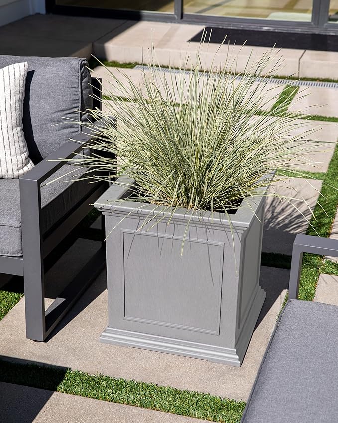 Veradek Brixton Series Cube Plastic Planter - Square Planter for Indoor or Outdoor Patio/Front Porch | Durable All-Weather Use w/Drainage Holes | Classic Estate Design for Flowers, Tall Plants, Trees