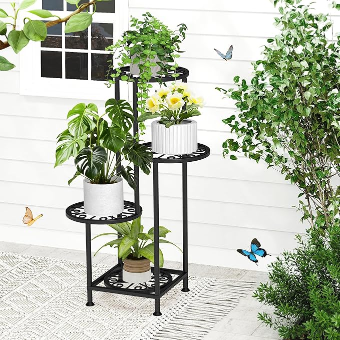 4 Tier Plant Stand Outdoor Indoor, Metal Flower Shelf Display Holder, Multiple Plants Corner Tall Flower Holders for Patio Balcony Porch Garden Living Room (Black)