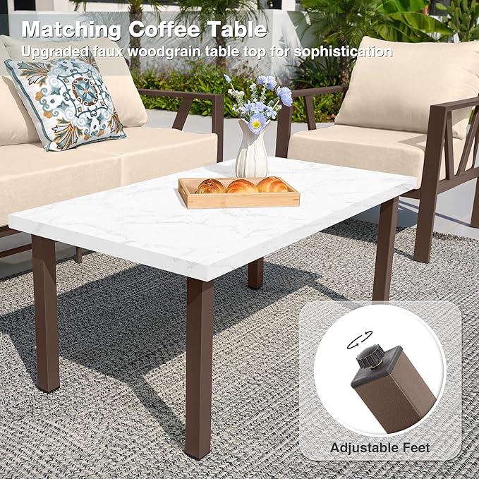 Outdoor Patio Furniture Set, 4 Pieces Metal Patio Furniture Set with Coffee Table, Modern Outdoor Patio Conversation Seating Set with 6” Thick Cushions, Upgrade Beige