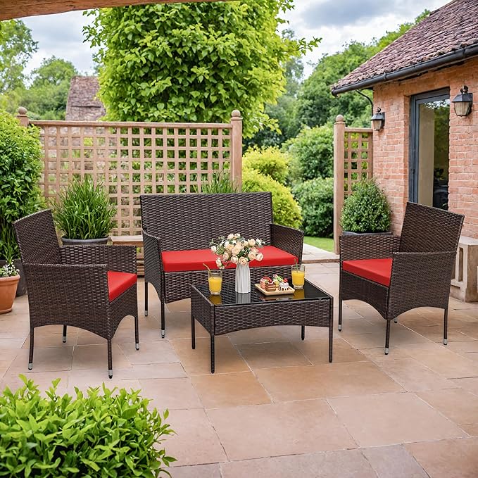 Homall 4 Pieces Patio Rattan Chair Wicker, Outdoor Indoor Use Backyard Porch Garden Poolside Balcony Furniture Sets (Red)