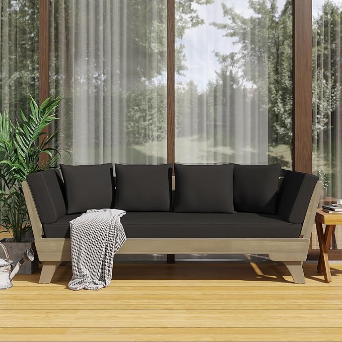 Merax Outdoor Patio Daybed Sofa,3-Seat Sofa with Foldable Arm 4 Back Pillows,Teak Acacia Wood Frame Beige Removable Cushion,Grey+Black